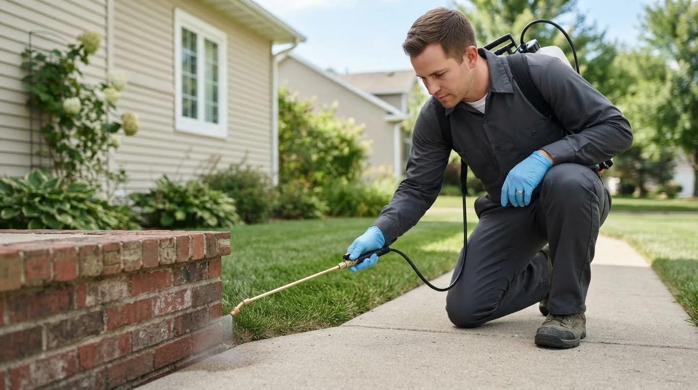 Pest control technician treating a home near Wykoff, MN
