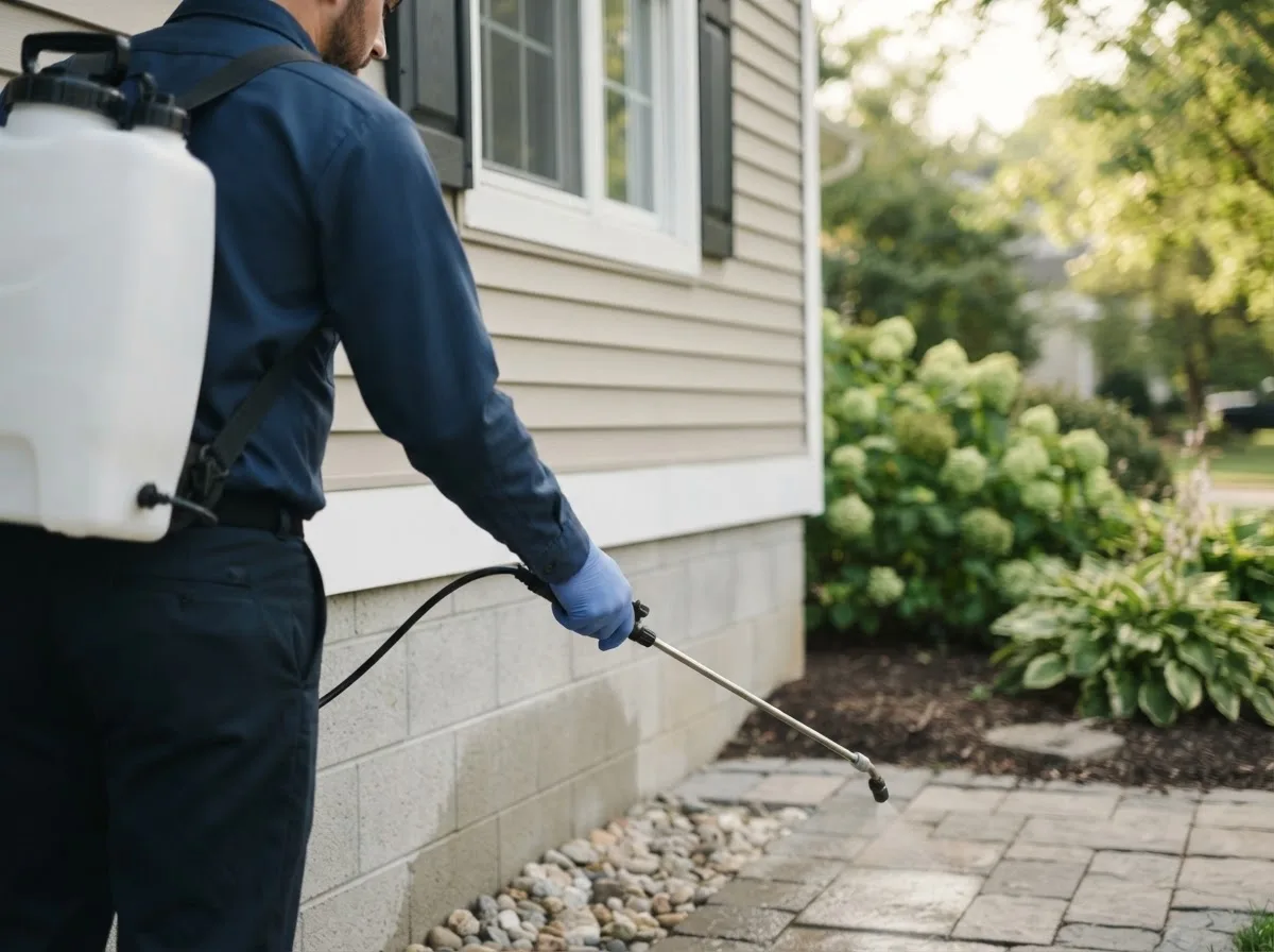 Pest control technician inspecting a home in Wykoff, MN